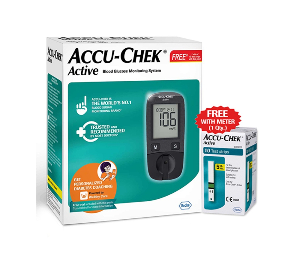 Accu Chek Active Blood Glucometer Kit (Box of 10 Test strips Free)